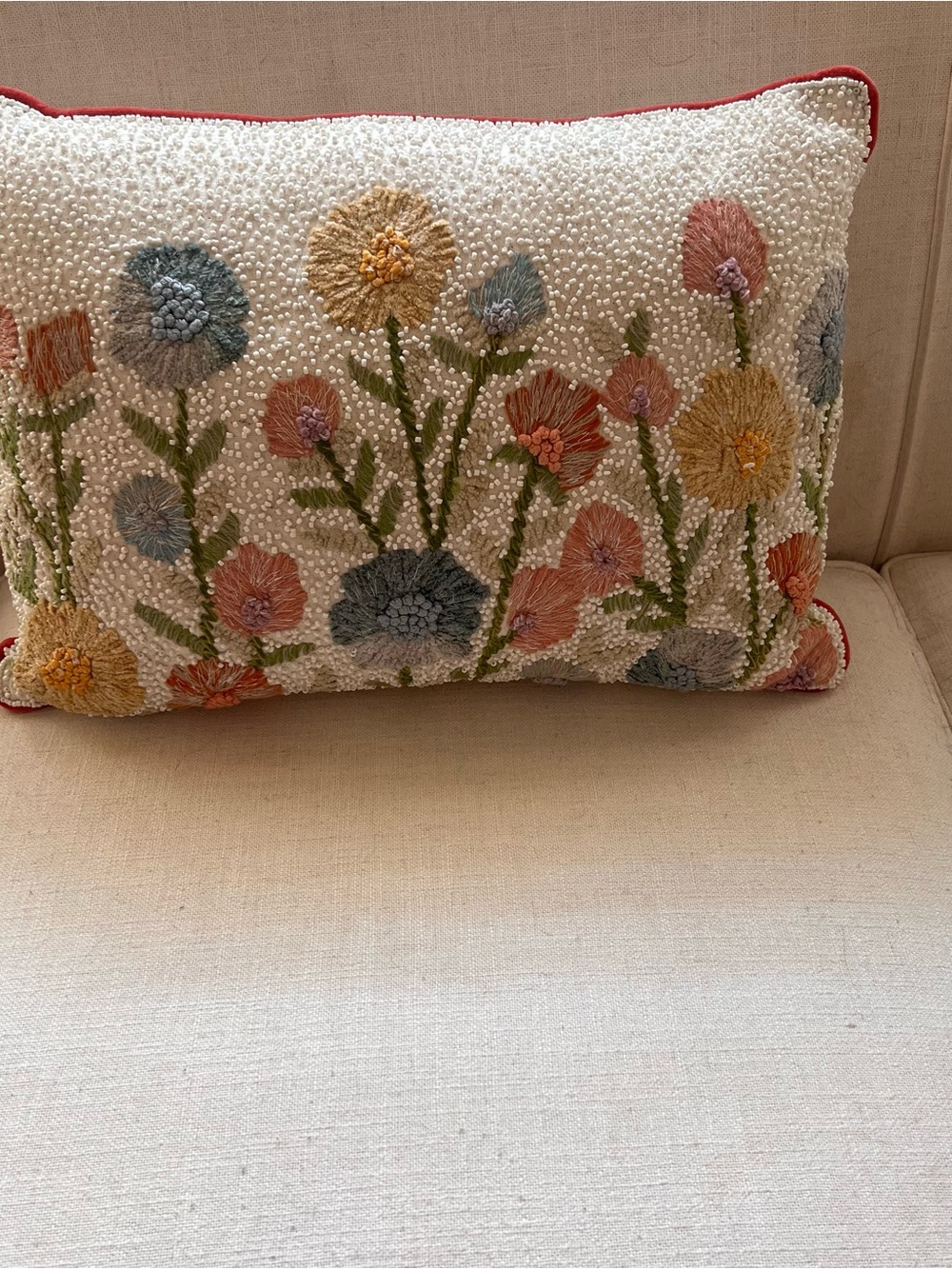 Embroidered Floral Beaded Lumbar Pillow - Multicolor